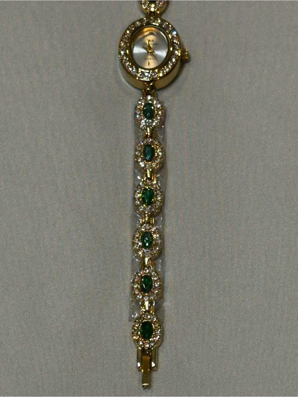 Vintage Inspired Dainty Gold-Tone Ladies Bracelet Watch with Green Stone Accents - Picture 4 of 14
